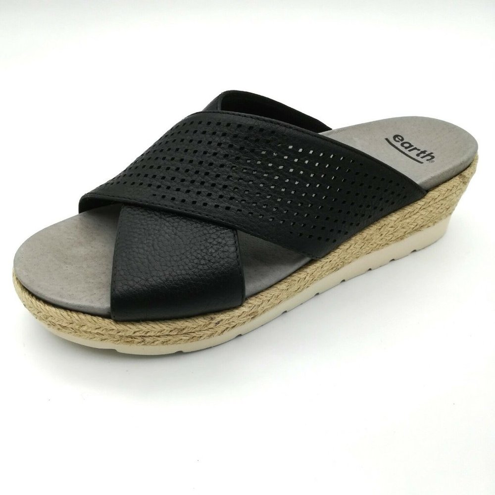 ~EARTH~ Modena Marigold Black Leather Espadrille Slide Platform Sandals 8.5